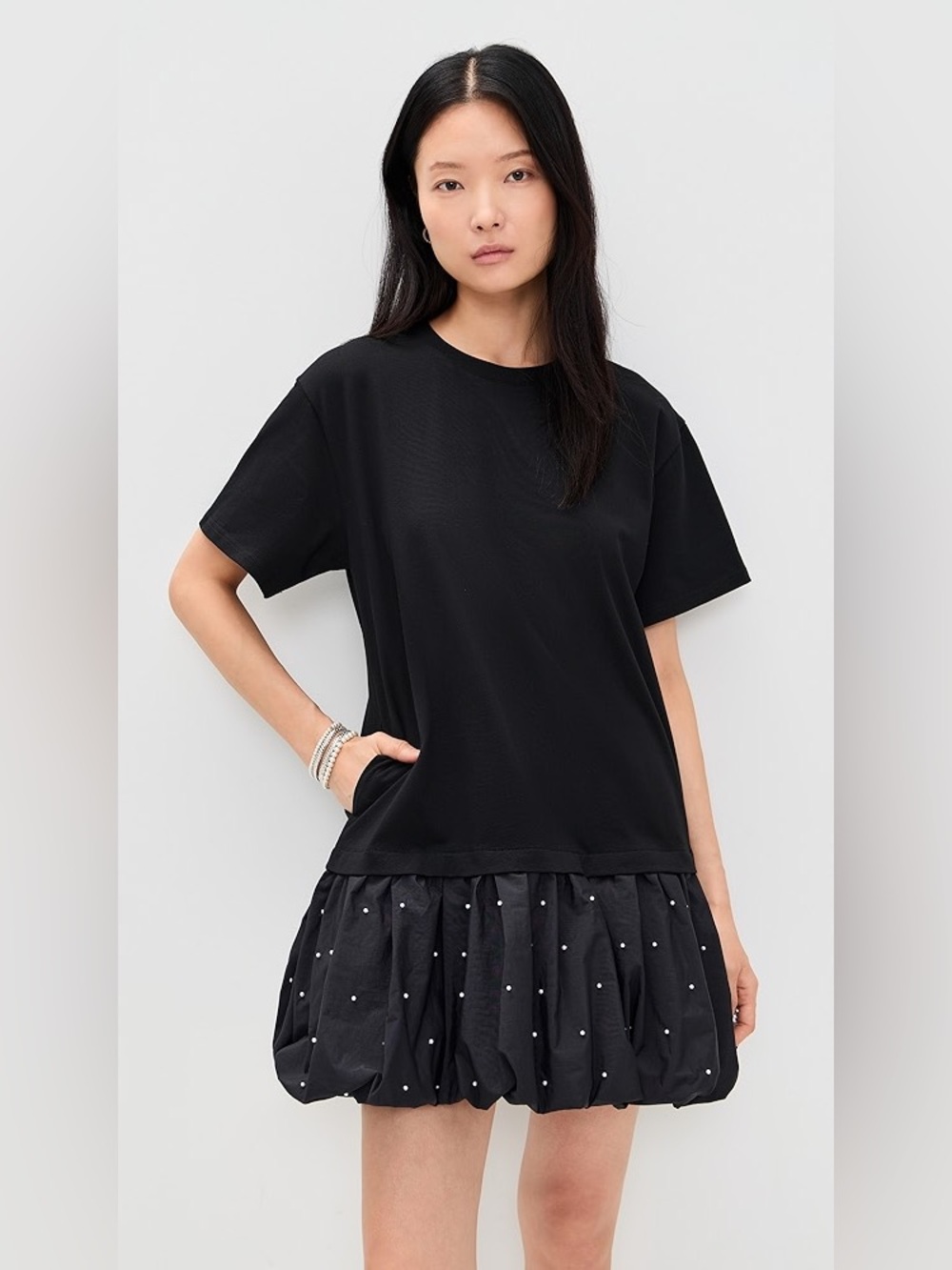 Sea Women's Alberta Pearl T-Shirt Combo Black Short Sleeve Bubble Dress Size XS